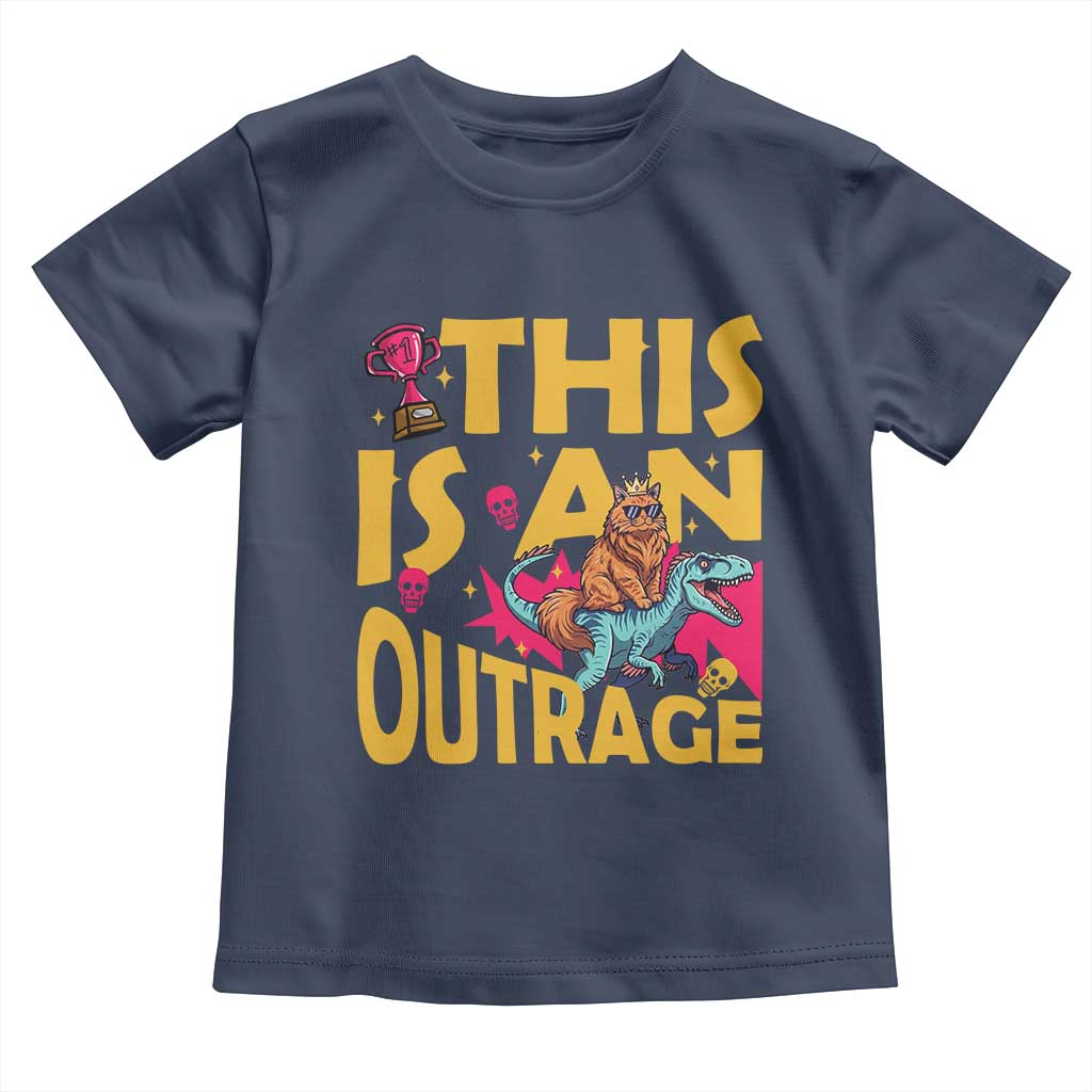 This Is An Outrage Sassy Cat Riding Raptor Dinosaur Toddler T Shirt Retro Pop Art Graphic