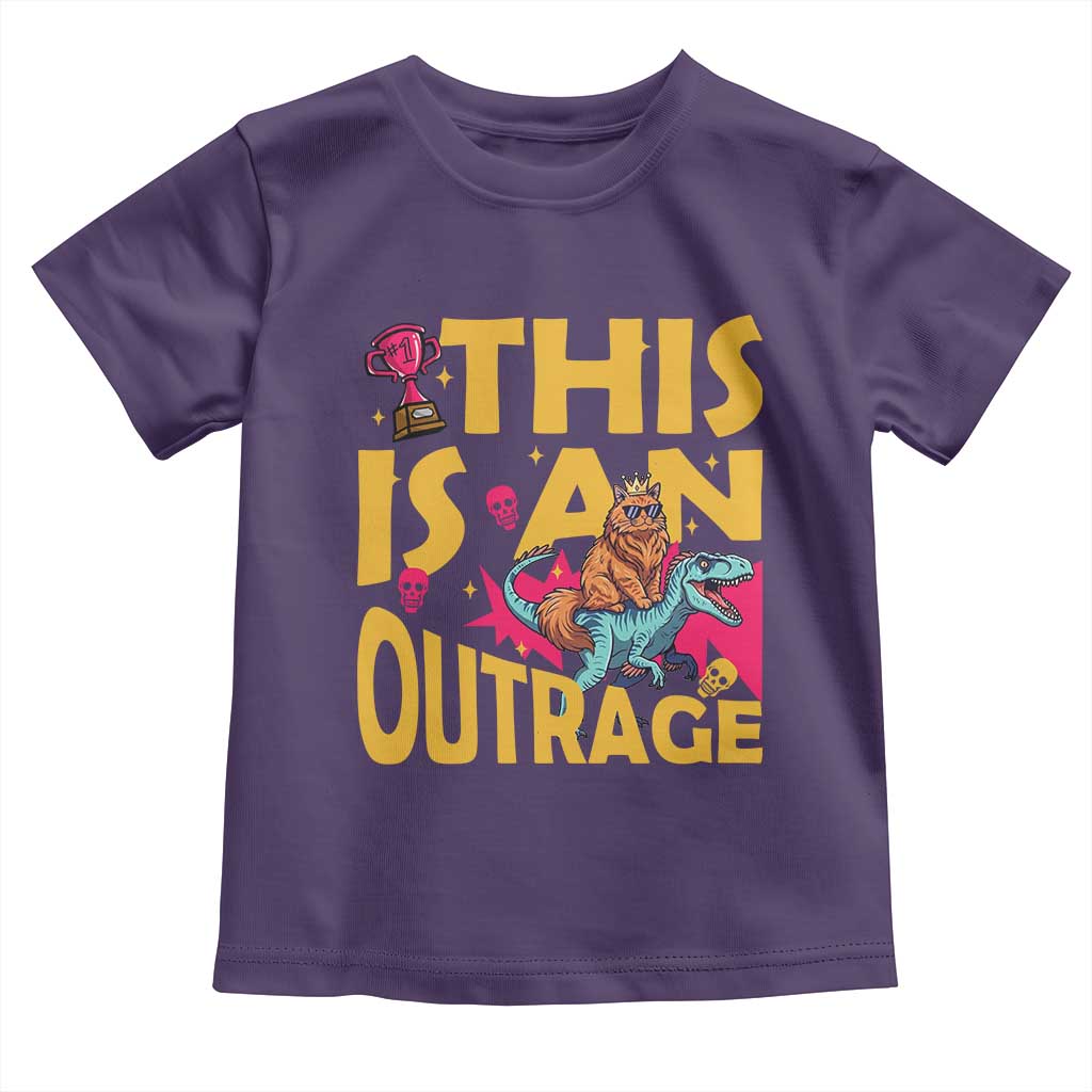 This Is An Outrage Sassy Cat Riding Raptor Dinosaur Toddler T Shirt Retro Pop Art Graphic