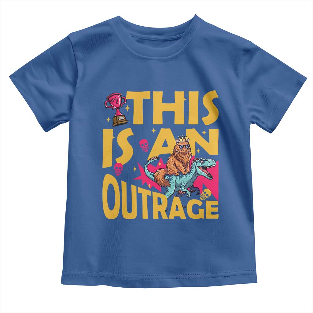 This Is An Outrage Sassy Cat Riding Raptor Dinosaur Toddler T Shirt Retro Pop Art Graphic