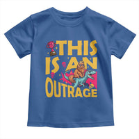 This Is An Outrage Sassy Cat Riding Raptor Dinosaur Toddler T Shirt Retro Pop Art Graphic