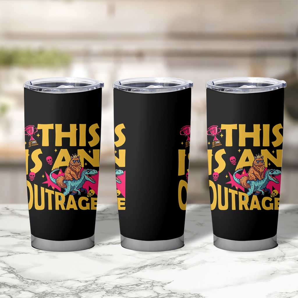 This Is An Outrage Sassy Cat Riding Raptor Dinosaur Tumbler Cup Retro Pop Art Graphic