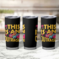 This Is An Outrage Sassy Cat Riding Raptor Dinosaur Tumbler Cup Retro Pop Art Graphic