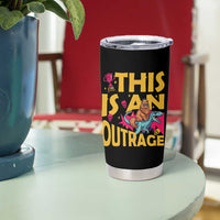 This Is An Outrage Sassy Cat Riding Raptor Dinosaur Tumbler Cup Retro Pop Art Graphic