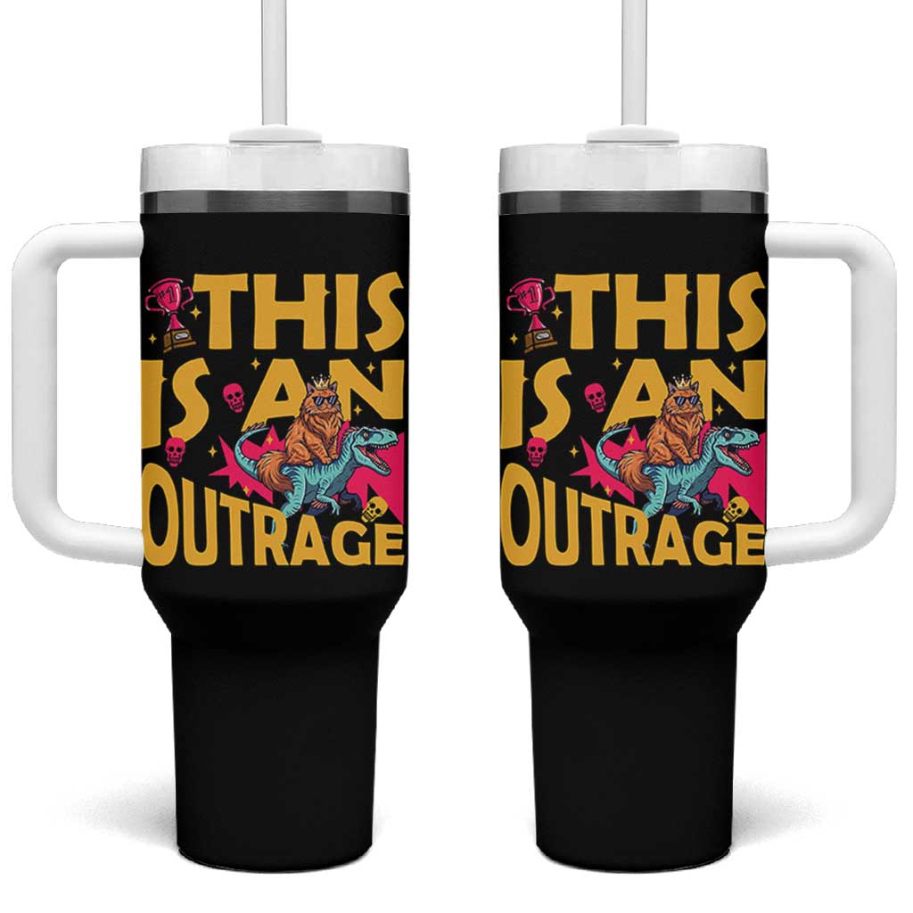 This Is An Outrage Sassy Cat Riding Raptor Dinosaur Tumbler With Handle Retro Pop Art Graphic