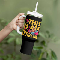 This Is An Outrage Sassy Cat Riding Raptor Dinosaur Tumbler With Handle Retro Pop Art Graphic