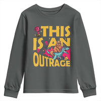 This Is An Outrage Sassy Cat Riding Raptor Dinosaur Youth Sweatshirt Retro Pop Art Graphic