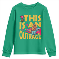 This Is An Outrage Sassy Cat Riding Raptor Dinosaur Youth Sweatshirt Retro Pop Art Graphic