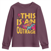 This Is An Outrage Sassy Cat Riding Raptor Dinosaur Youth Sweatshirt Retro Pop Art Graphic