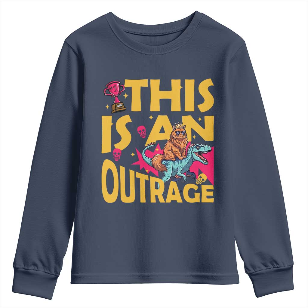 This Is An Outrage Sassy Cat Riding Raptor Dinosaur Youth Sweatshirt Retro Pop Art Graphic
