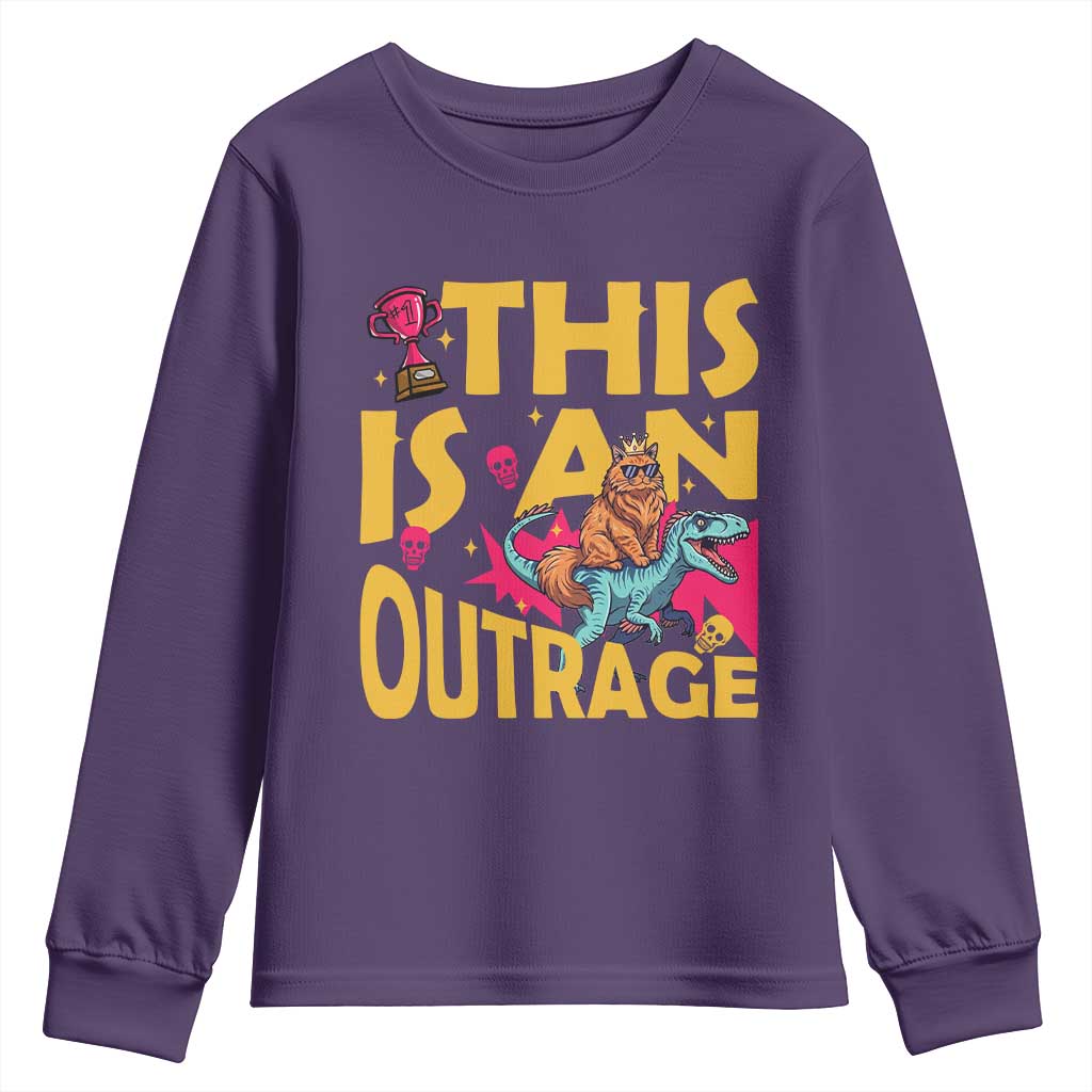This Is An Outrage Sassy Cat Riding Raptor Dinosaur Youth Sweatshirt Retro Pop Art Graphic