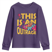 This Is An Outrage Sassy Cat Riding Raptor Dinosaur Youth Sweatshirt Retro Pop Art Graphic