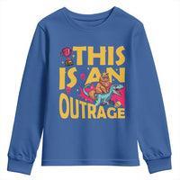 This Is An Outrage Sassy Cat Riding Raptor Dinosaur Youth Sweatshirt Retro Pop Art Graphic