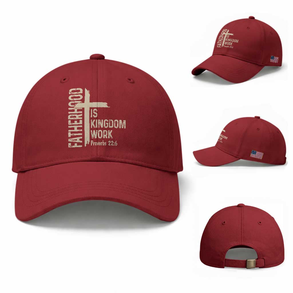 Fatherhood Is Kingdom Work Christian Dad Distressed Cross Baseball Cap Bible Verse Proverbs 22:6 Gift for Faith-Based Fathers