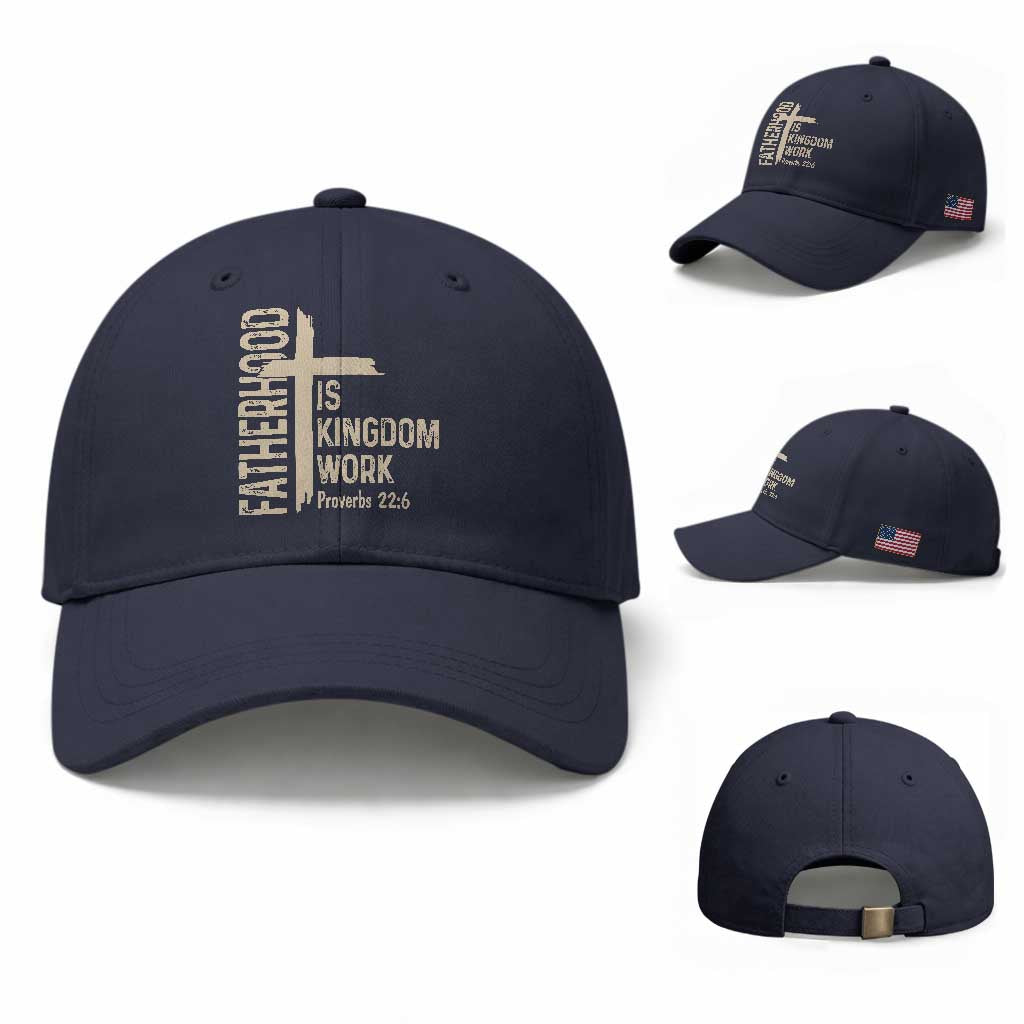 Fatherhood Is Kingdom Work Christian Dad Distressed Cross Baseball Cap Bible Verse Proverbs 22:6 Gift for Faith-Based Fathers