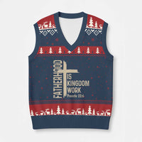 Fatherhood Is Kingdom Work Christian Dad Distressed Cross V-Neck Knit Sweater Vest Bible Verse Proverbs 22:6 Gift for Faith-Based Fathers