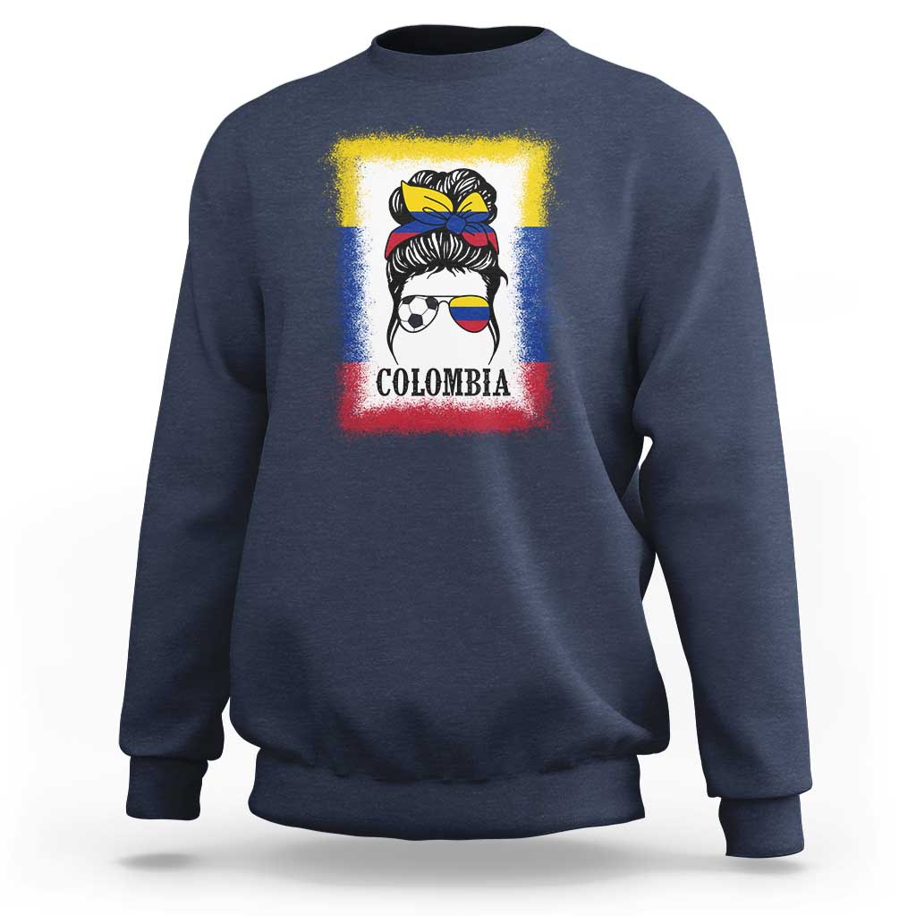 Colombia Football Sweatshirt Colombian Messy Bun Futbol Lover Bleached - Wonder Print Shop