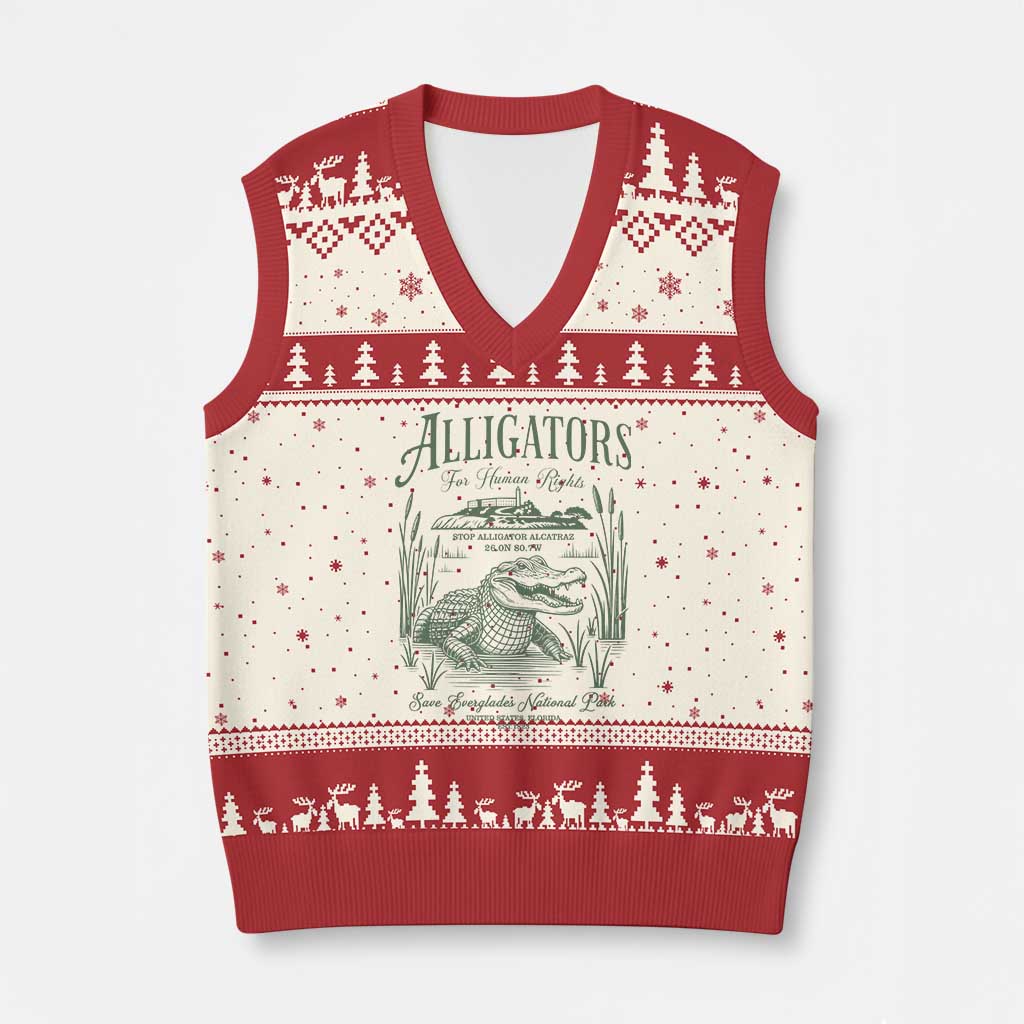 Alligators for Human Rights V-Neck Knit Sweater Vest Save Everglades Alcatraz - Wonder Print Shop
