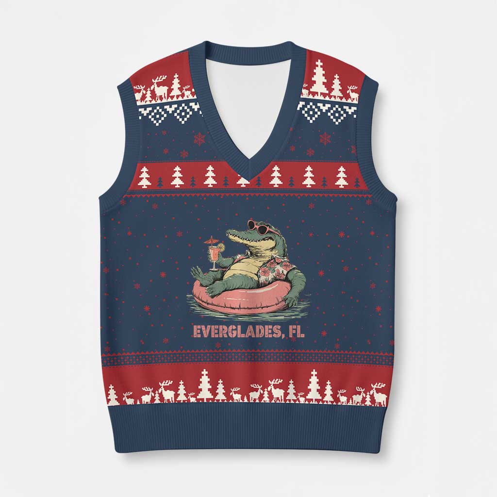 Funny Tropical Alligator V-Neck Knit Sweater Vest Everglades Florida FL Summer Vibe - Wonder Print Shop