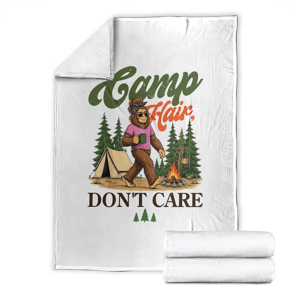 Vintage Funny Girly Bigfoot Camper Throw Blanket Camp Hair Don't Care Sasquatch Camping Outdoor Adventure