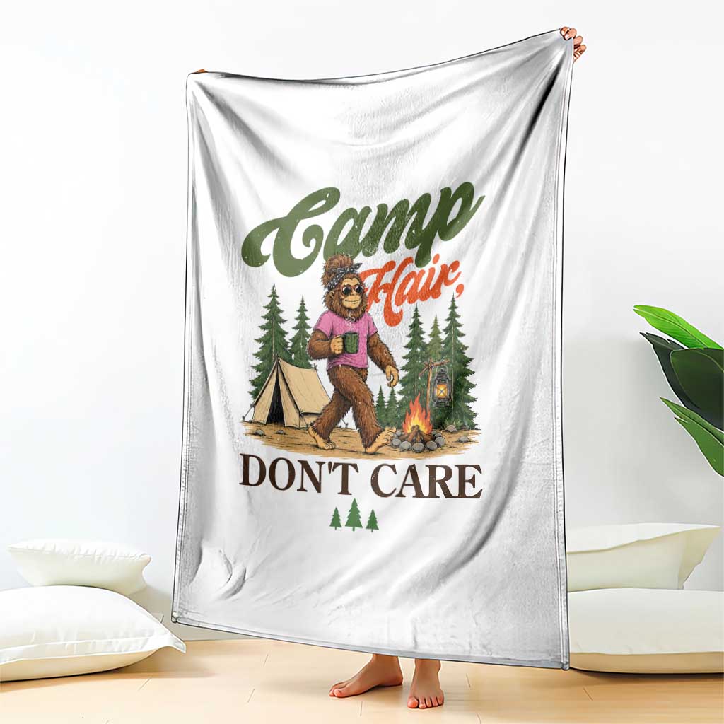 Vintage Funny Girly Bigfoot Camper Throw Blanket Camp Hair Don't Care Sasquatch Camping Outdoor Adventure