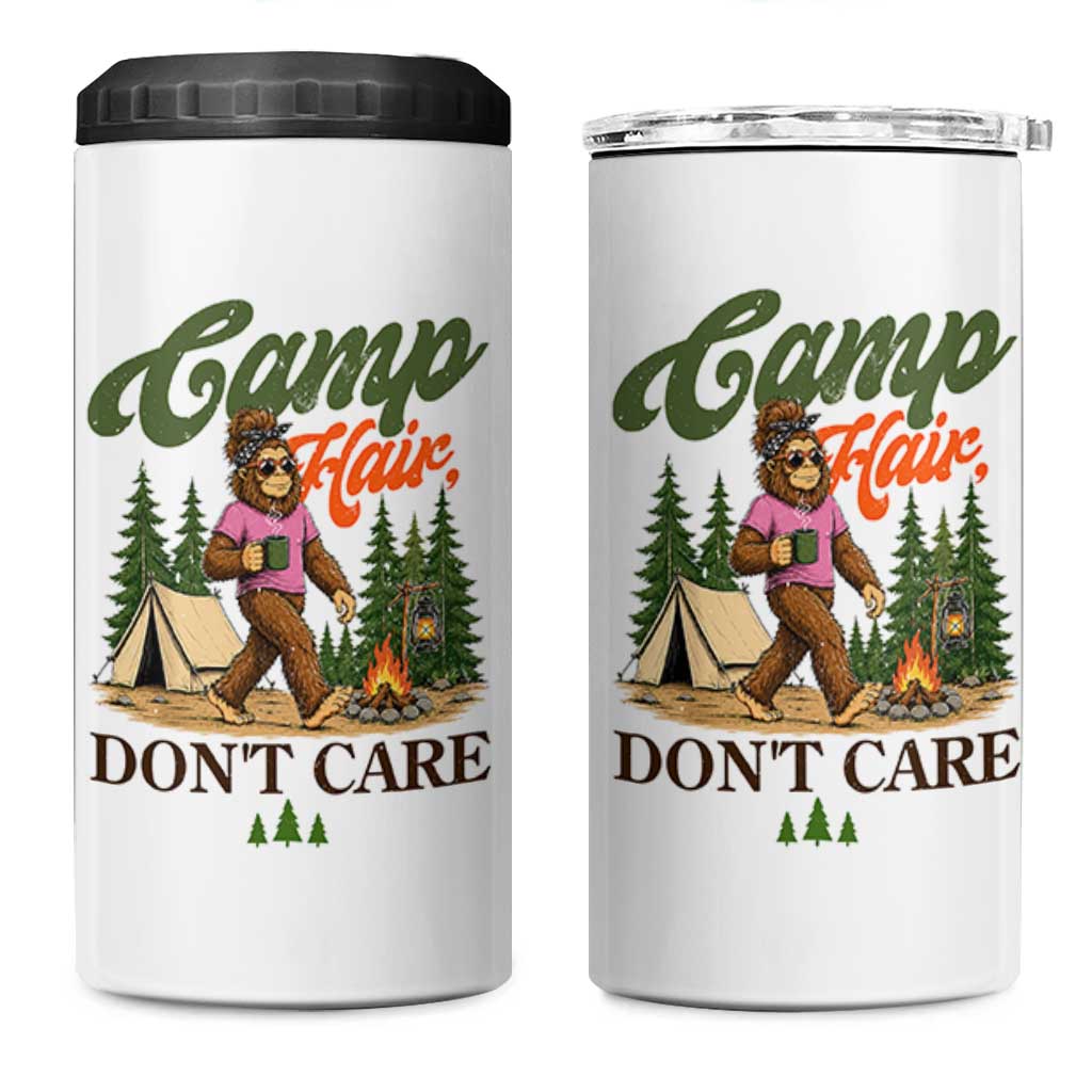 Vintage Funny Girly Bigfoot Camper 4 in 1 Can Cooler Tumbler Camp Hair Don't Care Sasquatch Camping Outdoor Adventure