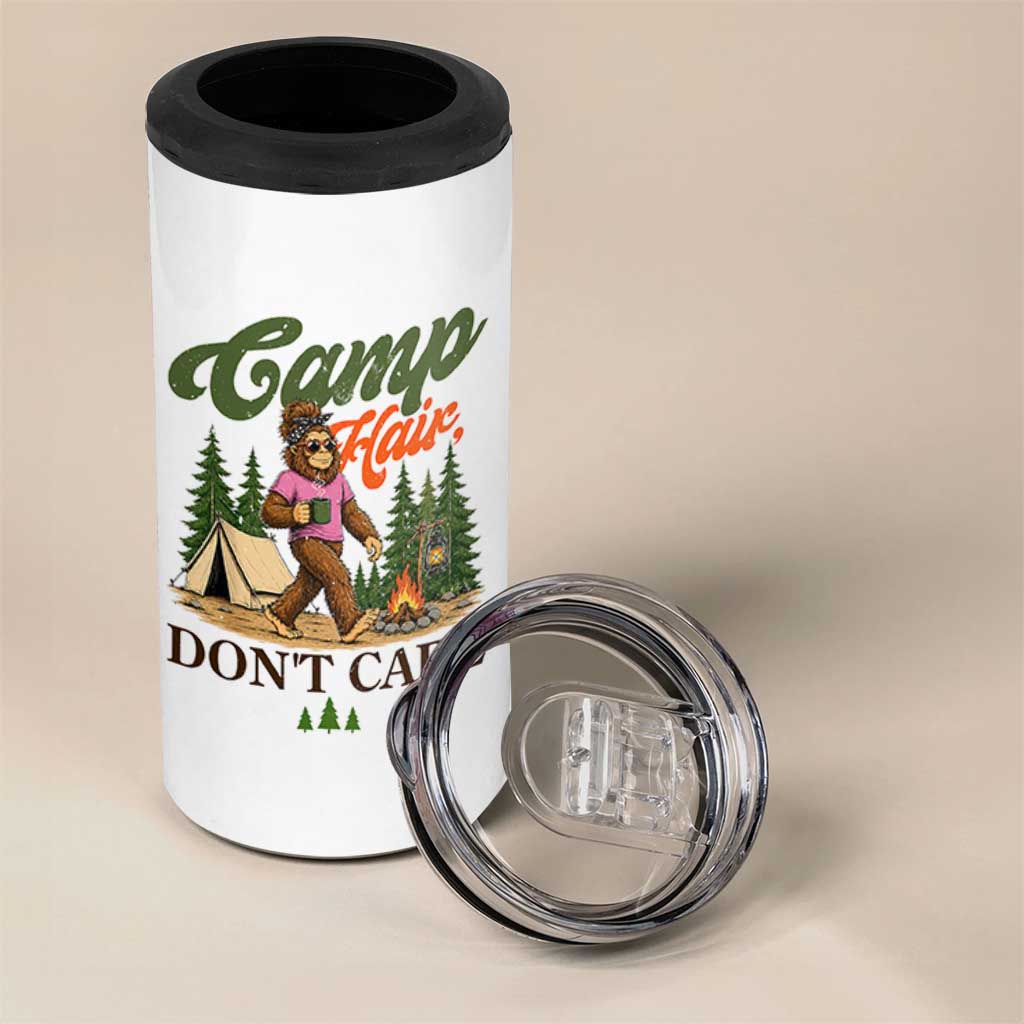 Vintage Funny Girly Bigfoot Camper 4 in 1 Can Cooler Tumbler Camp Hair Don't Care Sasquatch Camping Outdoor Adventure