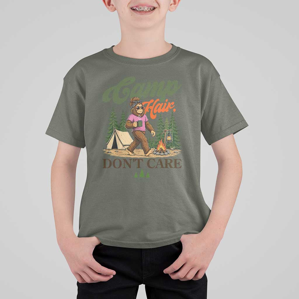 Vintage Funny Girly Bigfoot Camper T Shirt For Kid Camp Hair Don't Care Sasquatch Camping Outdoor Adventure