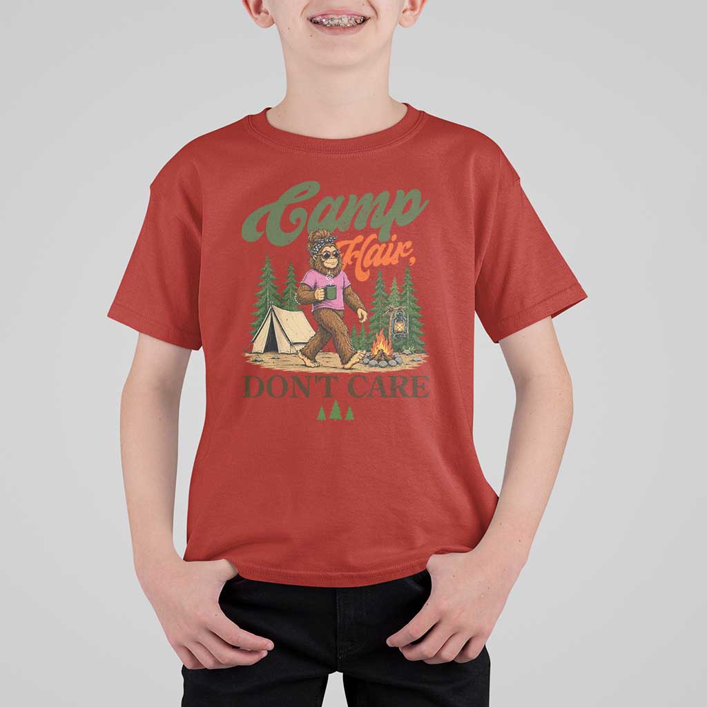 Vintage Funny Girly Bigfoot Camper T Shirt For Kid Camp Hair Don't Care Sasquatch Camping Outdoor Adventure