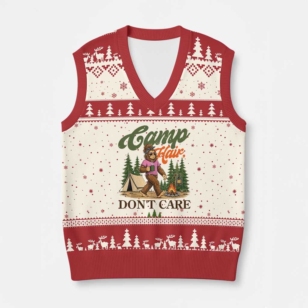 Vintage Funny Girly Bigfoot Camper V-Neck Knit Sweater Vest Camp Hair Don't Care Sasquatch Camping Outdoor Adventure