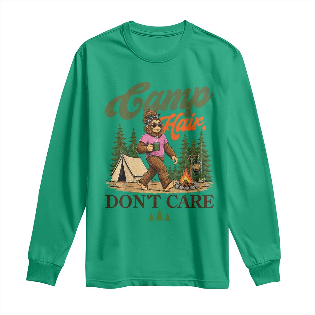 Vintage Funny Girly Bigfoot Camper Long Sleeve Shirt Camp Hair Don't Care Sasquatch Camping Outdoor Adventure