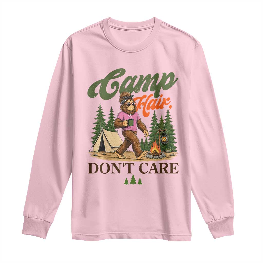 Vintage Funny Girly Bigfoot Camper Long Sleeve Shirt Camp Hair Don't Care Sasquatch Camping Outdoor Adventure