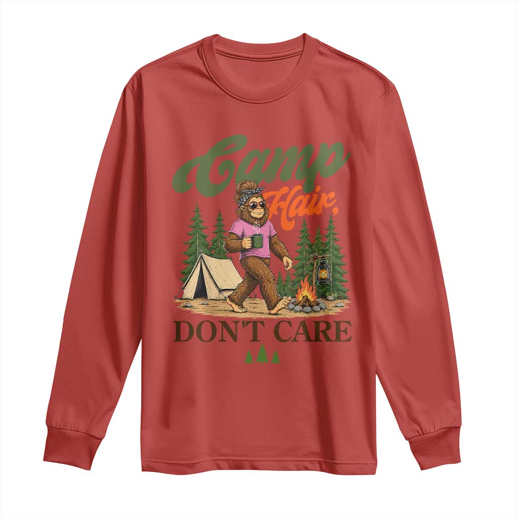 Vintage Funny Girly Bigfoot Camper Long Sleeve Shirt Camp Hair Don't Care Sasquatch Camping Outdoor Adventure