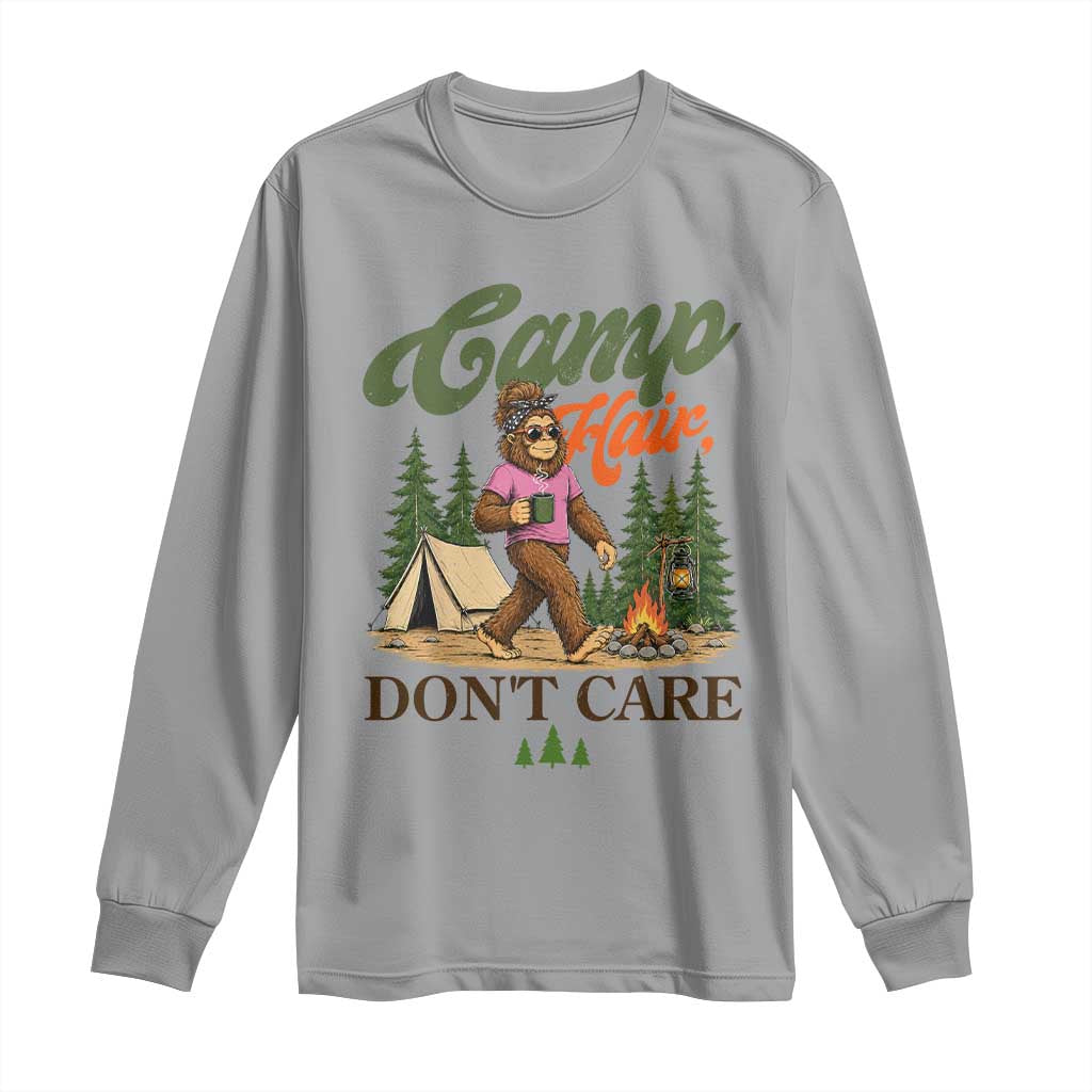 Vintage Funny Girly Bigfoot Camper Long Sleeve Shirt Camp Hair Don't Care Sasquatch Camping Outdoor Adventure