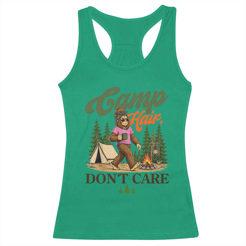 Vintage Funny Girly Bigfoot Camper Racerback Tank Top Camp Hair Don't Care Sasquatch Camping Outdoor Adventure