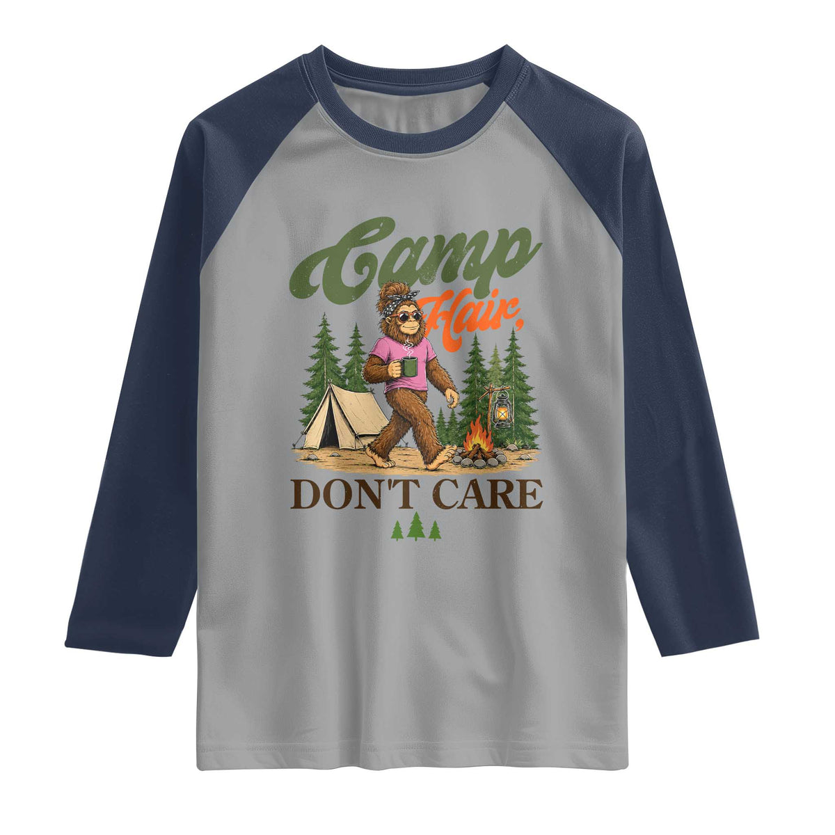 Vintage Funny Girly Bigfoot Camper Raglan Shirt Camp Hair Don't Care Sasquatch Camping Outdoor Adventure
