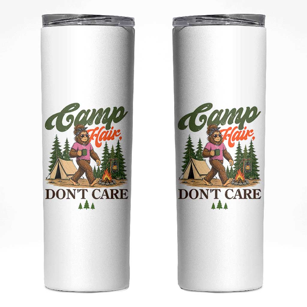 Vintage Funny Girly Bigfoot Camper Skinny Tumbler Camp Hair Don't Care Sasquatch Camping Outdoor Adventure