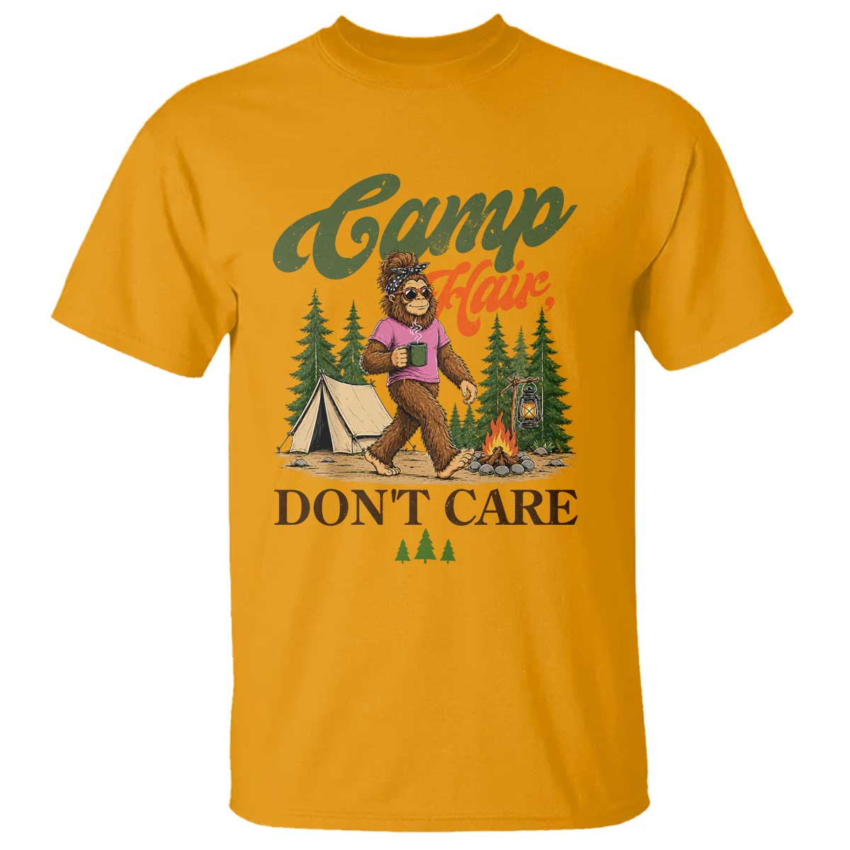 Vintage Funny Girly Bigfoot Camper T Shirt Camp Hair Don't Care Sasquatch Camping Outdoor Adventure