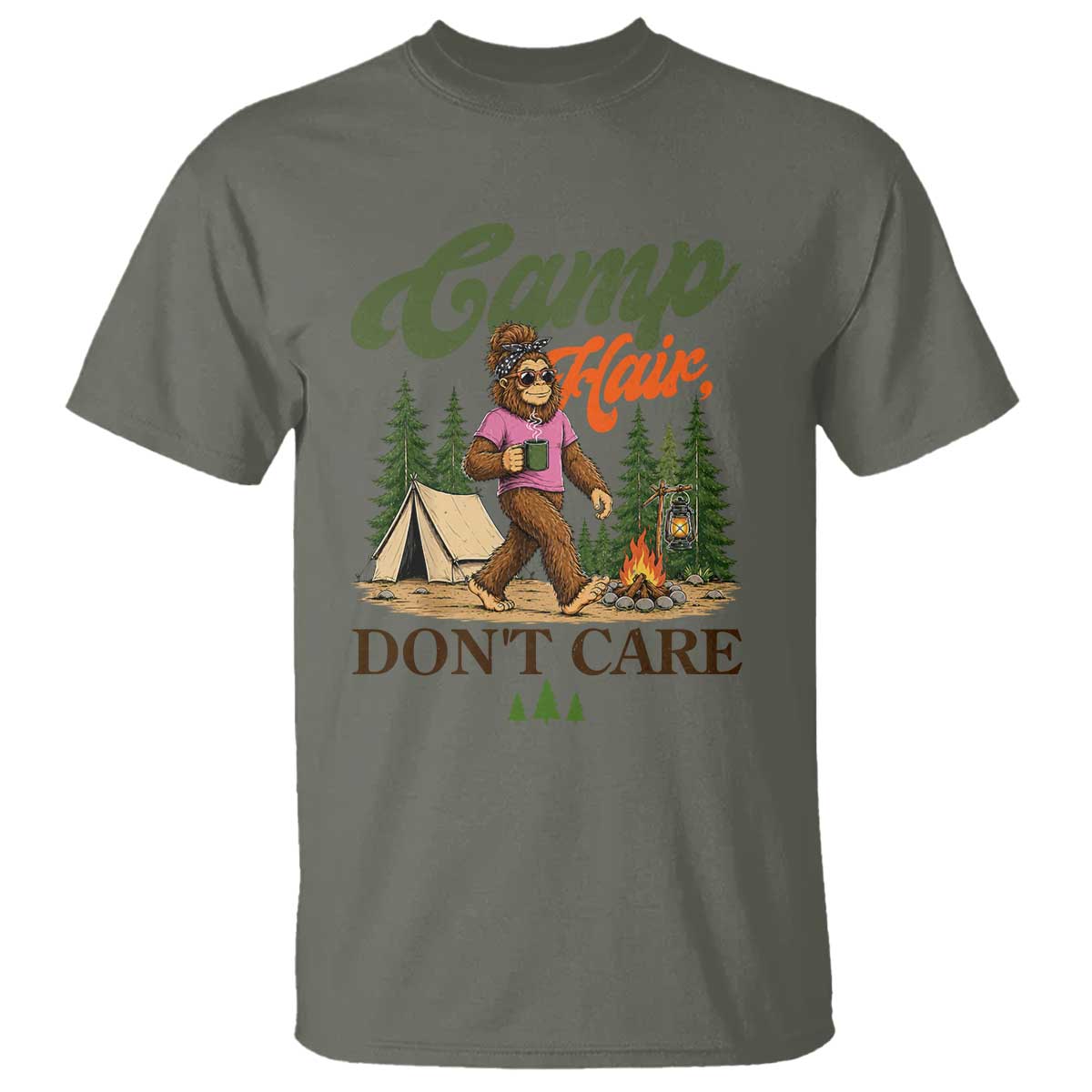 Vintage Funny Girly Bigfoot Camper T Shirt Camp Hair Don't Care Sasquatch Camping Outdoor Adventure