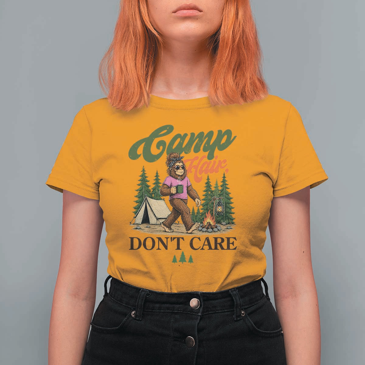 Vintage Funny Girly Bigfoot Camper T Shirt For Women Camp Hair Don't Care Sasquatch Camping Outdoor Adventure