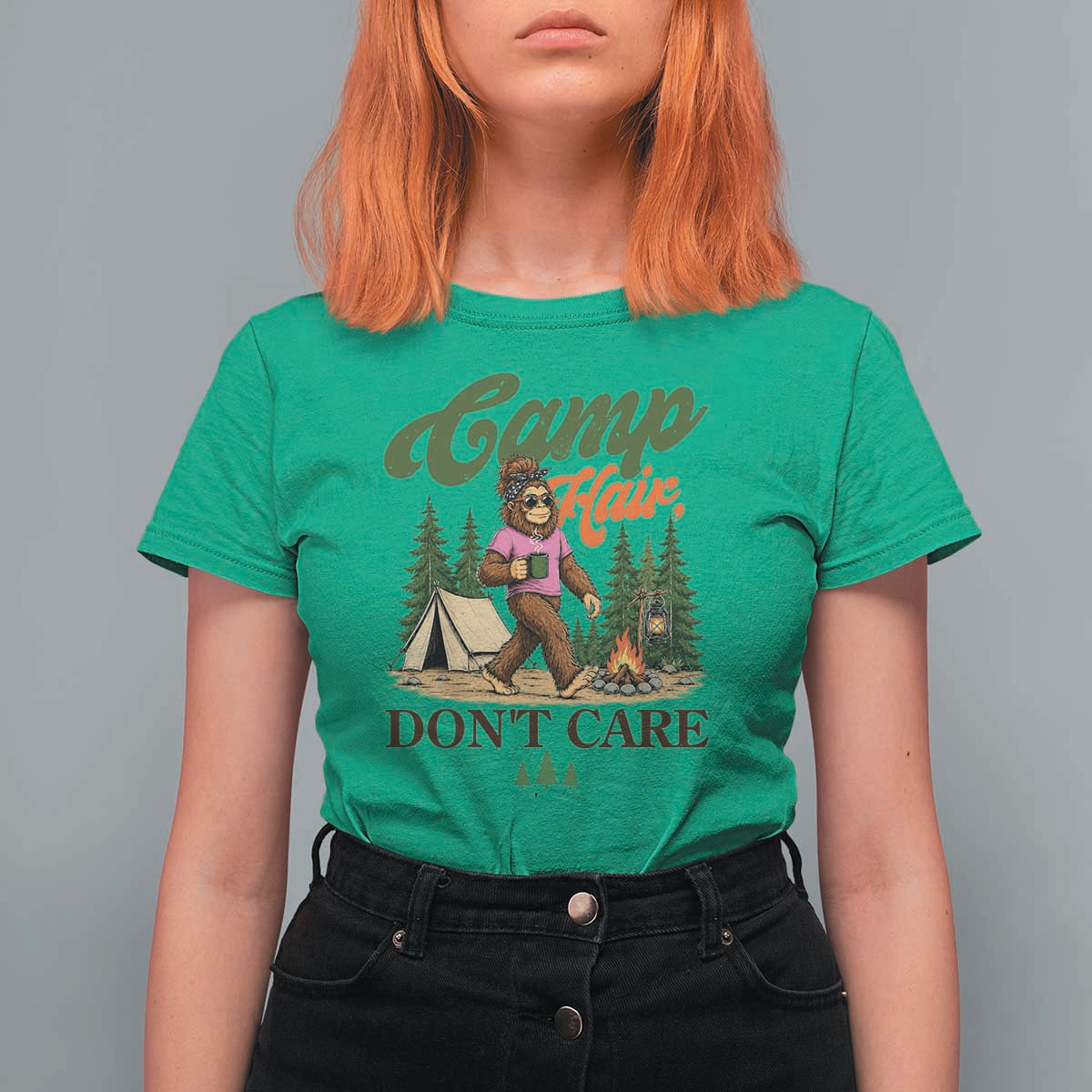 Vintage Funny Girly Bigfoot Camper T Shirt For Women Camp Hair Don't Care Sasquatch Camping Outdoor Adventure