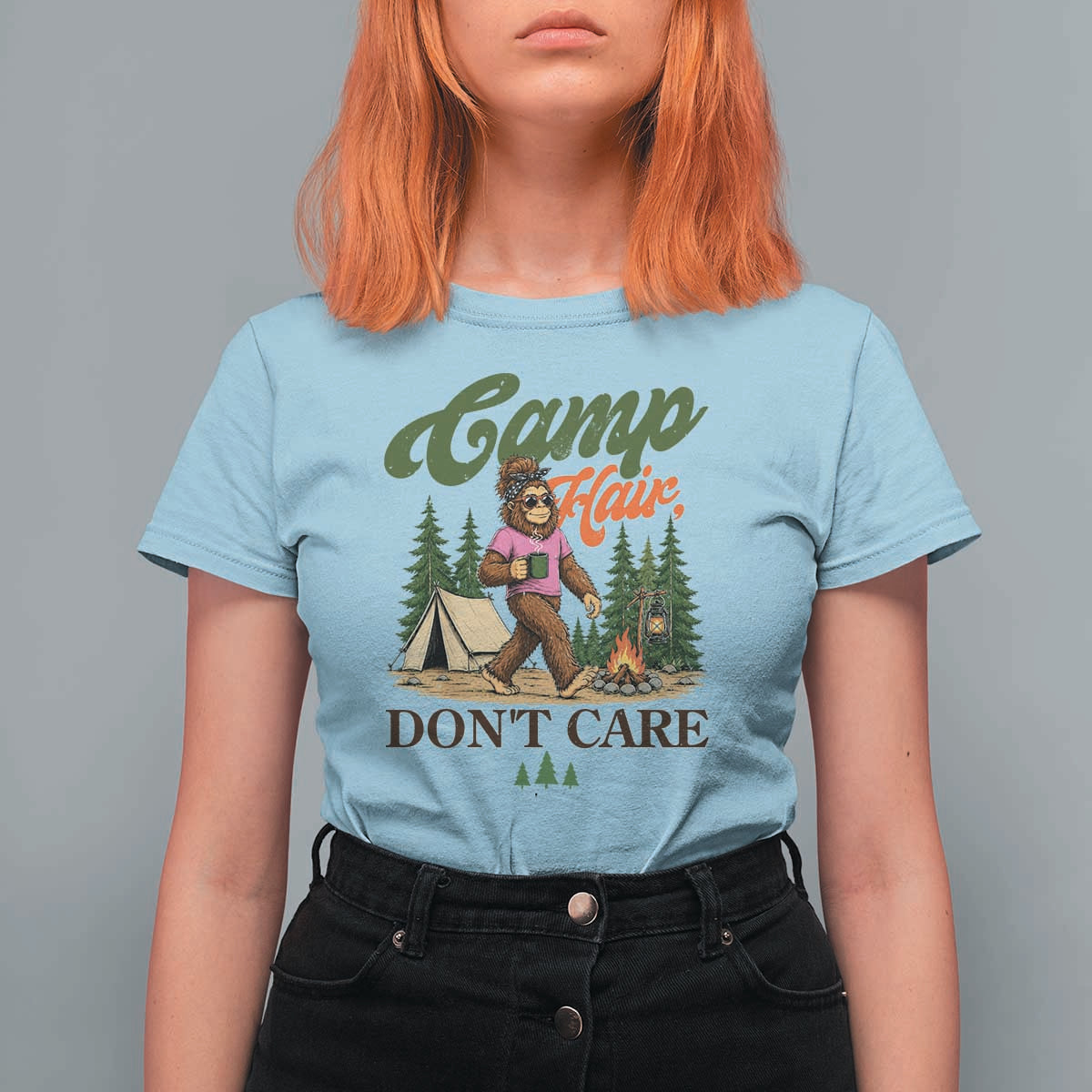 Vintage Funny Girly Bigfoot Camper T Shirt For Women Camp Hair Don't Care Sasquatch Camping Outdoor Adventure