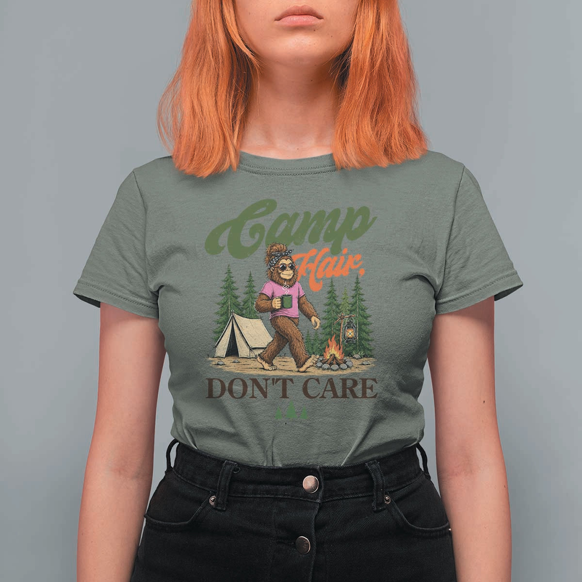 Vintage Funny Girly Bigfoot Camper T Shirt For Women Camp Hair Don't Care Sasquatch Camping Outdoor Adventure