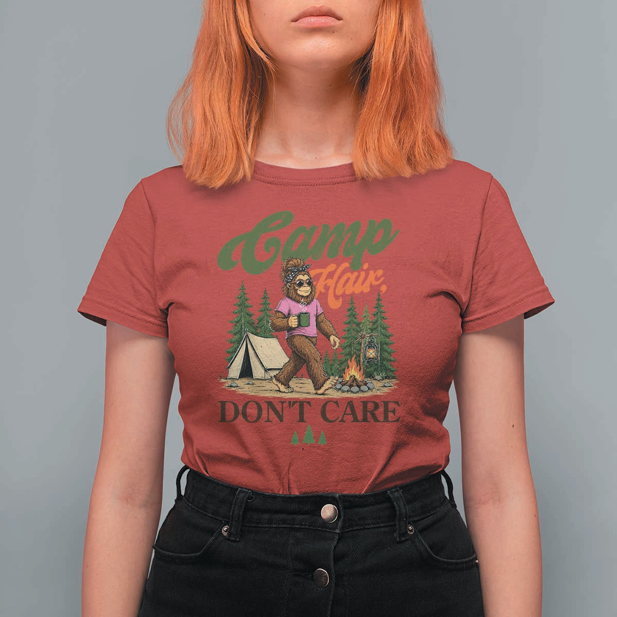Vintage Funny Girly Bigfoot Camper T Shirt For Women Camp Hair Don't Care Sasquatch Camping Outdoor Adventure