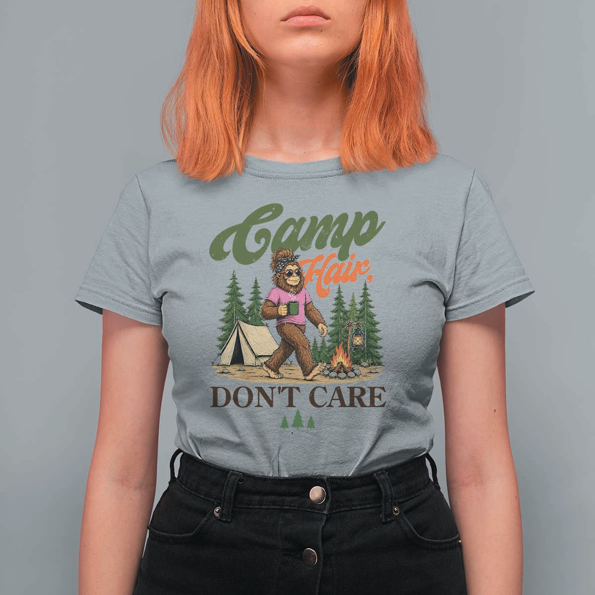Vintage Funny Girly Bigfoot Camper T Shirt For Women Camp Hair Don't Care Sasquatch Camping Outdoor Adventure