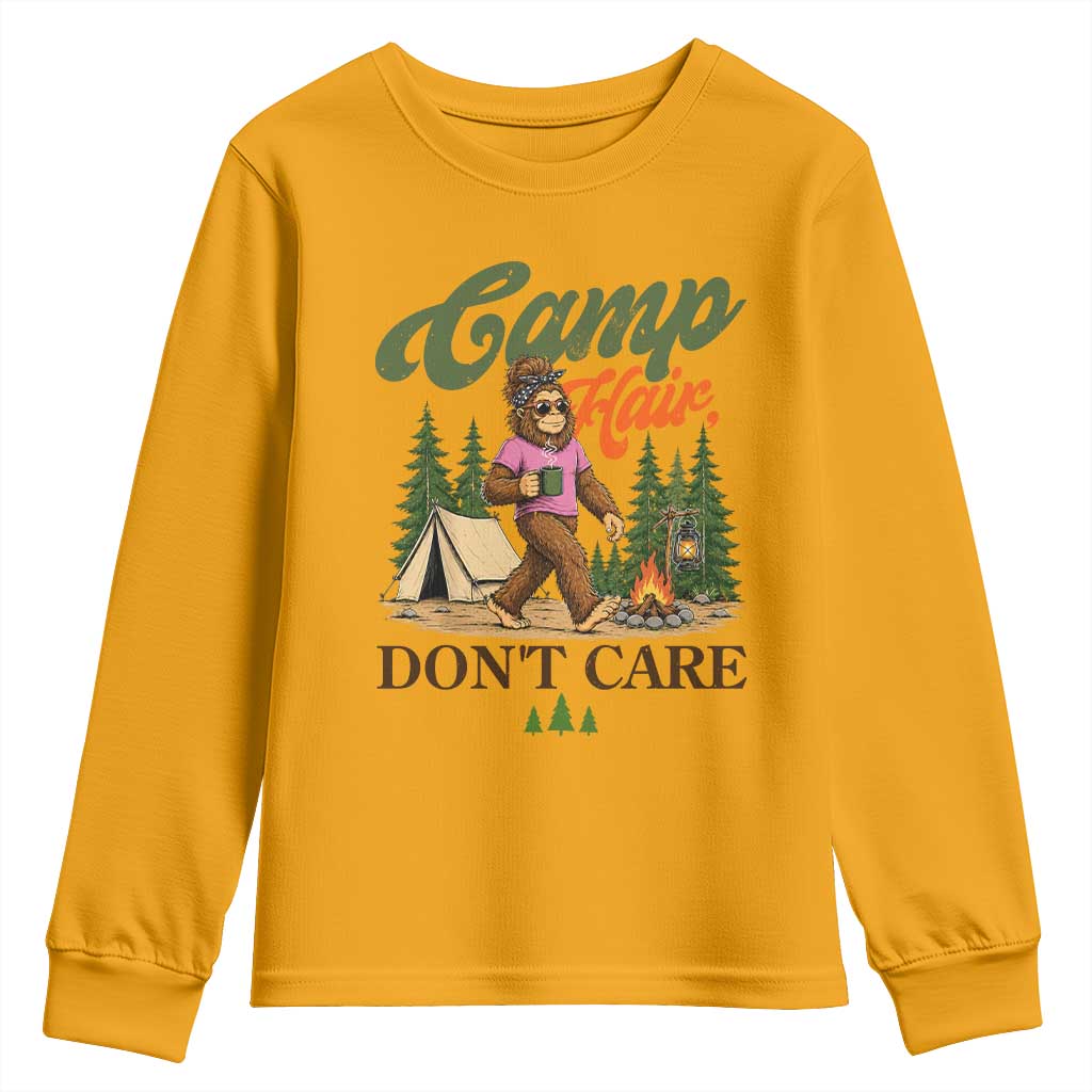 Vintage Funny Girly Bigfoot Camper Youth Sweatshirt Camp Hair Don't Care Sasquatch Camping Outdoor Adventure