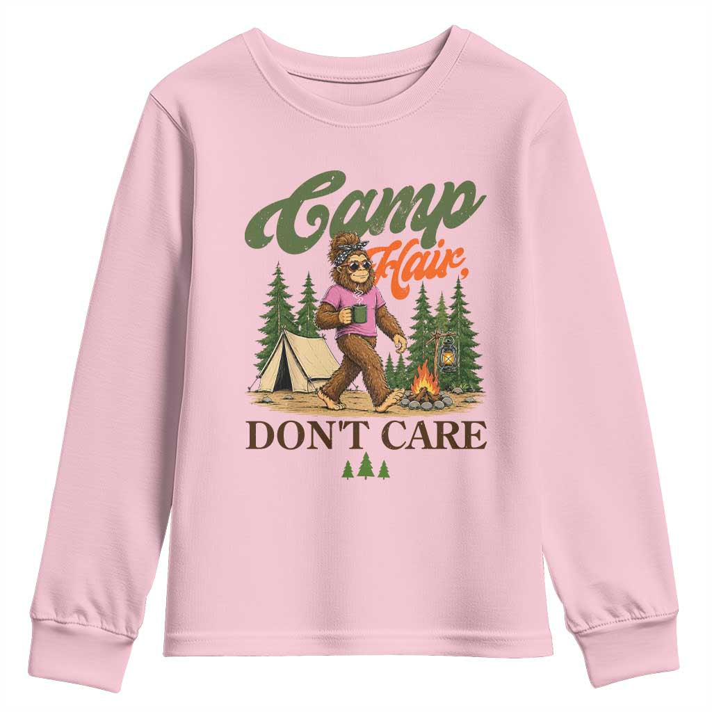 Vintage Funny Girly Bigfoot Camper Youth Sweatshirt Camp Hair Don't Care Sasquatch Camping Outdoor Adventure