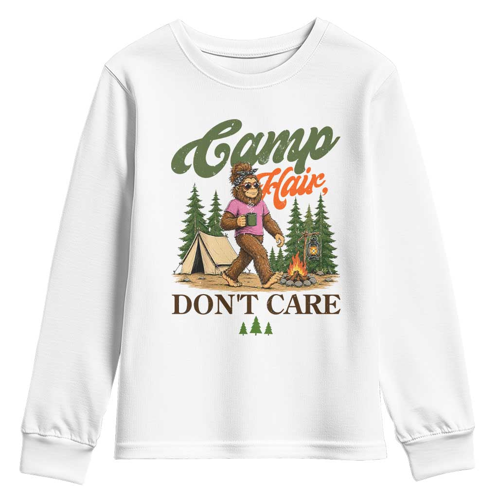 Vintage Funny Girly Bigfoot Camper Youth Sweatshirt Camp Hair Don't Care Sasquatch Camping Outdoor Adventure