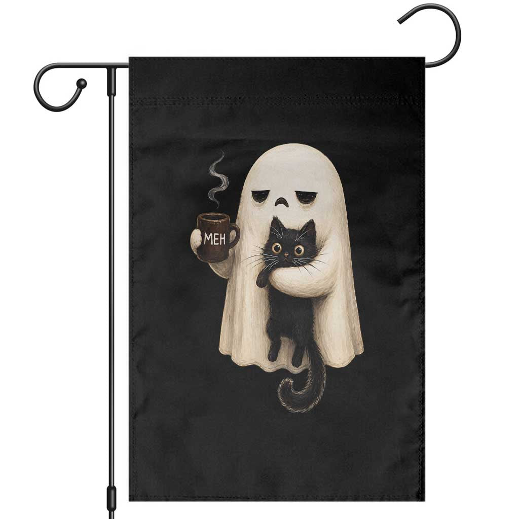 Meh Boojee Sleepy Ghost Holding Black Cat Drinking Coffee Garden Flag Spooky Halloween Cute Autumn Morning Mood Graphic