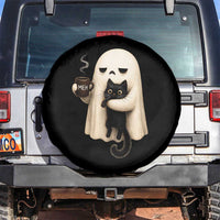 Meh Boojee Sleepy Ghost Holding Black Cat Drinking Coffee Spare Tire Cover Spooky Halloween Cute Autumn Morning Mood Graphic