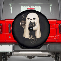 Meh Boojee Sleepy Ghost Holding Black Cat Drinking Coffee Spare Tire Cover Spooky Halloween Cute Autumn Morning Mood Graphic